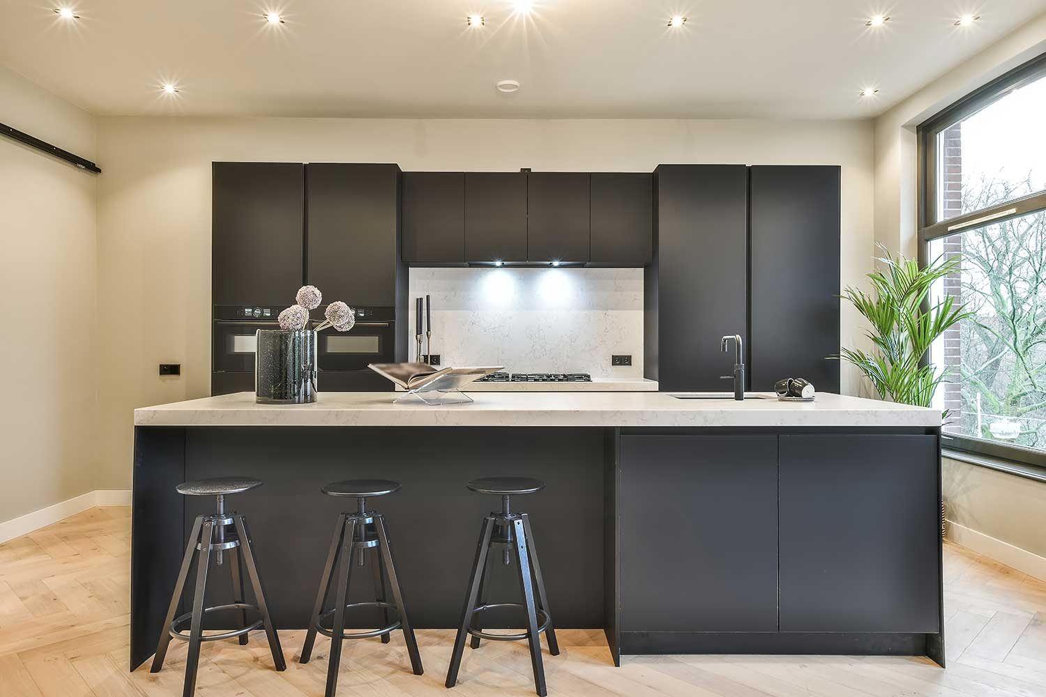 Modern new kitchen with black cabinetry